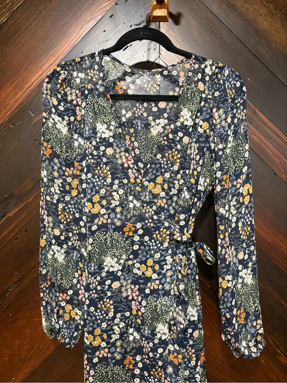 Miss Me Navy Floral Wrap Maxi Dress with Long Sleeves - Picture 2 of 4